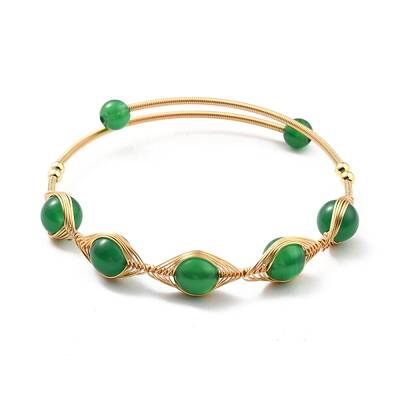 Natural Green Agate Wrapped Cuff Bangle