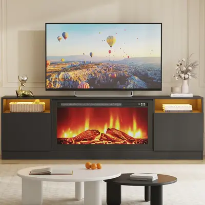Garvee Modern Entertainment Center with Storage Cabinet Up to 75TV, Modern TV Stand for Living Room, Black (Not Include Fire...