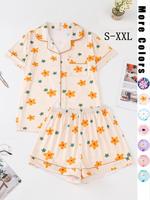 Women's Floral Print Button Front Shortsleeve Sleep Shirt & Elastic Waist Shorts Pyjama Set, Casual Contrast Binding Pocket L...