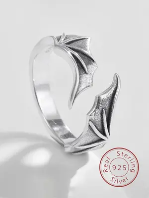S925 Sterling Silver Vintage Bat Wing Design Cuff Ring, Fashion Goth Accessories for Men & Women, Trendy All-match & Exquisit...