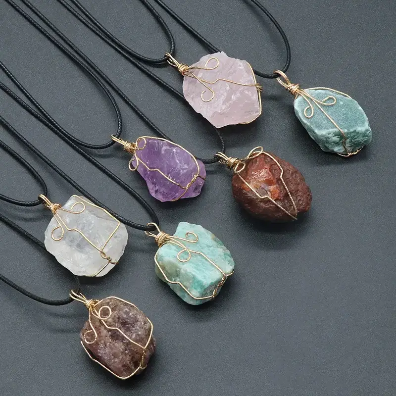 Natural Crystal Stone Wire-Wrapped Pendant Necklace | Unique Irregular Design
