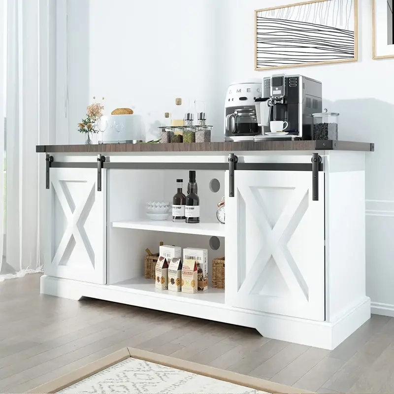Farmhouse Buffet Cabinet Sideboard with Sliding Barn Doors, Rustic Coffee Bar Cabinet Server with Storage and Adjustable Shel...