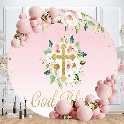 Aperturee God Bless Floral Round Pink Baby Shower Backdrop