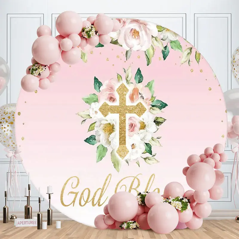 Aperturee God Bless Floral Round Pink Baby Shower Backdrop