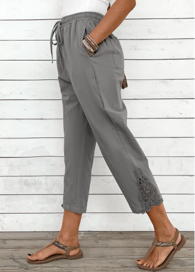 Modlily Light Grey Drawstring Straight Leg Elastic Waist Pants - L