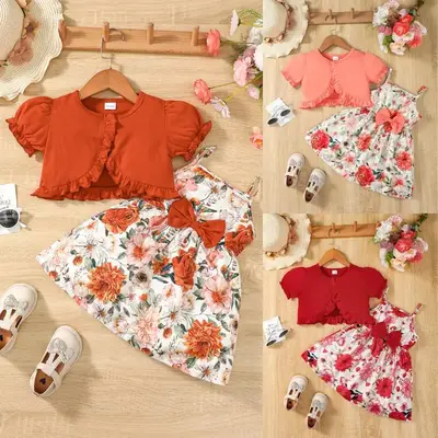 6m-6y Baby Girls Clothes Floral Print Straps Dress Short Crop Coat 2Pcs Set Cute Girls Clothes Set Toddler Girls Floral Dress...