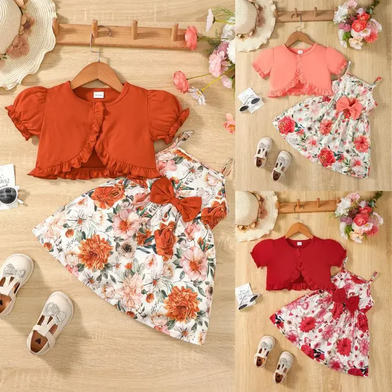 6m-6y Baby Girls Clothes Floral Print Straps Dress Short Crop Coat 2Pcs Set Cute Girls Clothes Set Toddler Girls Floral Dress...
