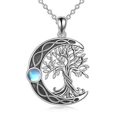 Sterling Silver Oxidized Tree Of Life Crescent Moon & Celtic Knot Necklace