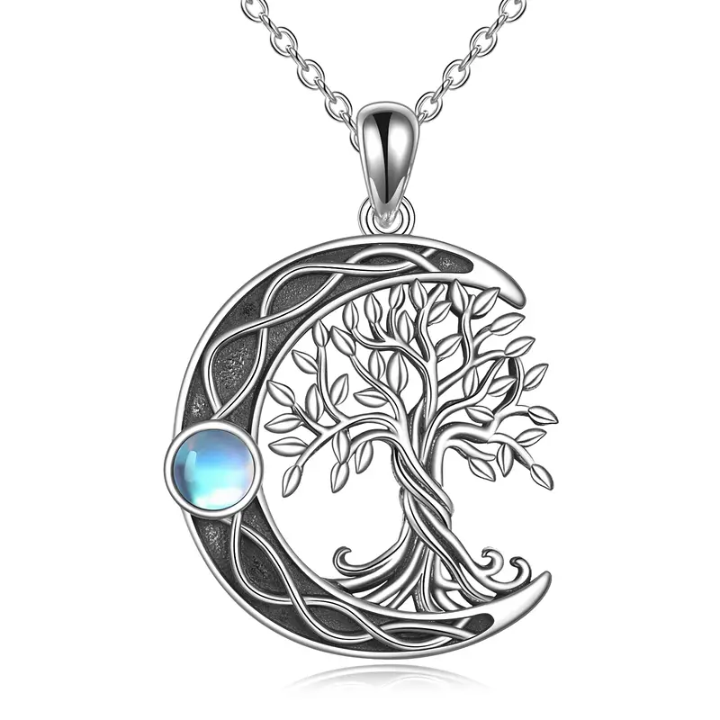Sterling Silver Oxidized Tree Of Life Crescent Moon & Celtic Knot Necklace