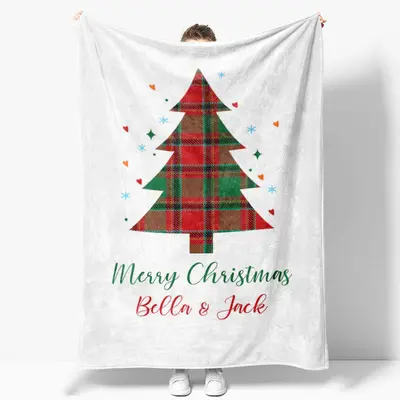 Custom Name Checkered Christmas Tree White Blanket - Aperturee