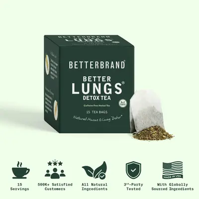 BetterLungs Lung Detox Tea Bags - Mullein Leaf, Ginseng, Elderberry, Ginger & Thyme for Lung Cleanse & Mucus Detox - 15 Tea B...