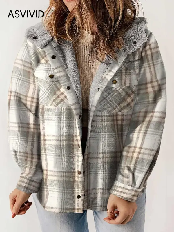 【Palette Exclusive】 Plus Size Plaid Print Button Front Drop Shoulder Fuzzy Hooded Coat, Casual Long Sleeve Pocket Outerwe...
