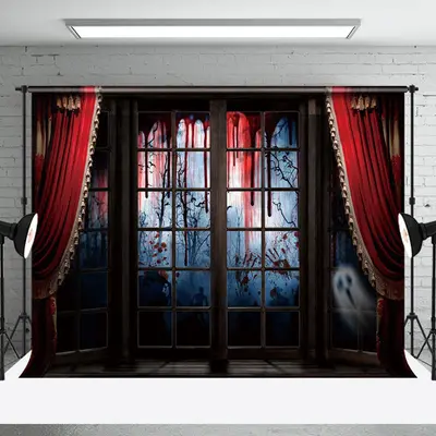 Aperturee Red Curtain Windows Scary Forest Halloween Backdrop - Aperturee