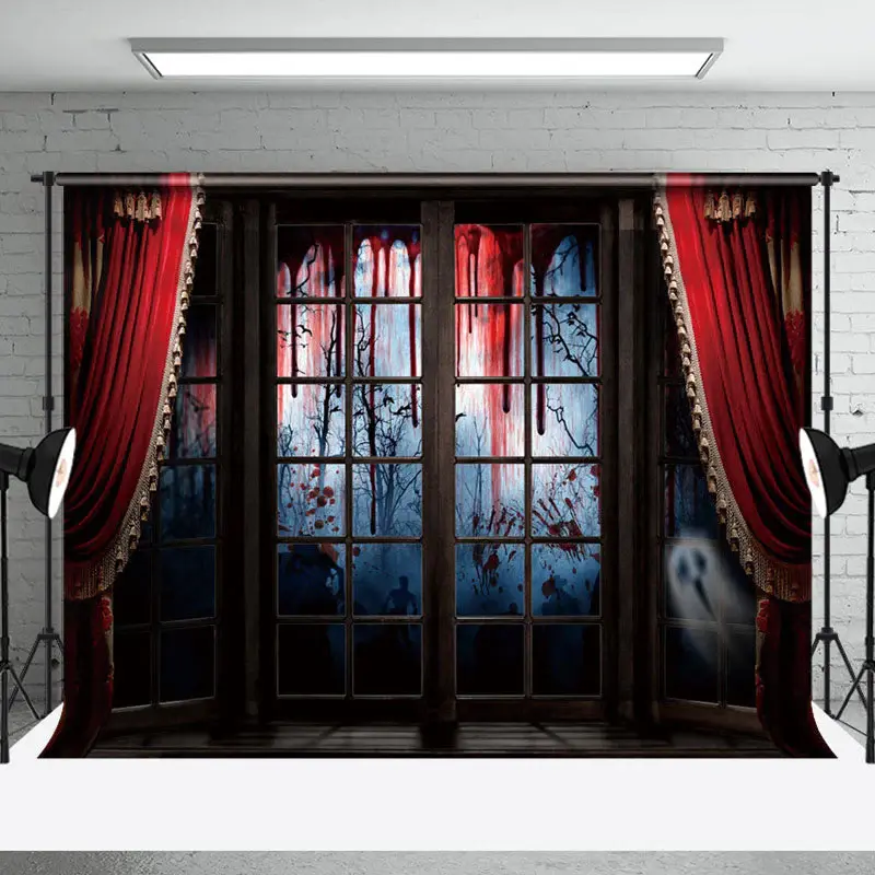 Aperturee Red Curtain Windows Scary Forest Halloween Backdrop - Aperturee