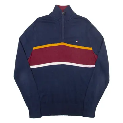 TOMMY HILFIGER Mens Jumper Blue Striped 1/4 Zip Tight Knit S