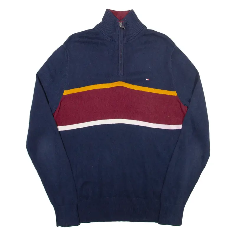 TOMMY HILFIGER Mens Jumper Blue Striped 1/4 Zip Tight Knit S
