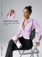 Women's Solid Color Zip Up Sports Jacket, Sporty Longsleeves Collared Zip Front Outerwear for Daily Wear, Ladies Sportswear f...