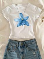 Women's Flower Print Round Neck Tee, Casual Short Sleeve Crew Neck T-shirt for Summer, Fashion Women's Top for Daily Wear