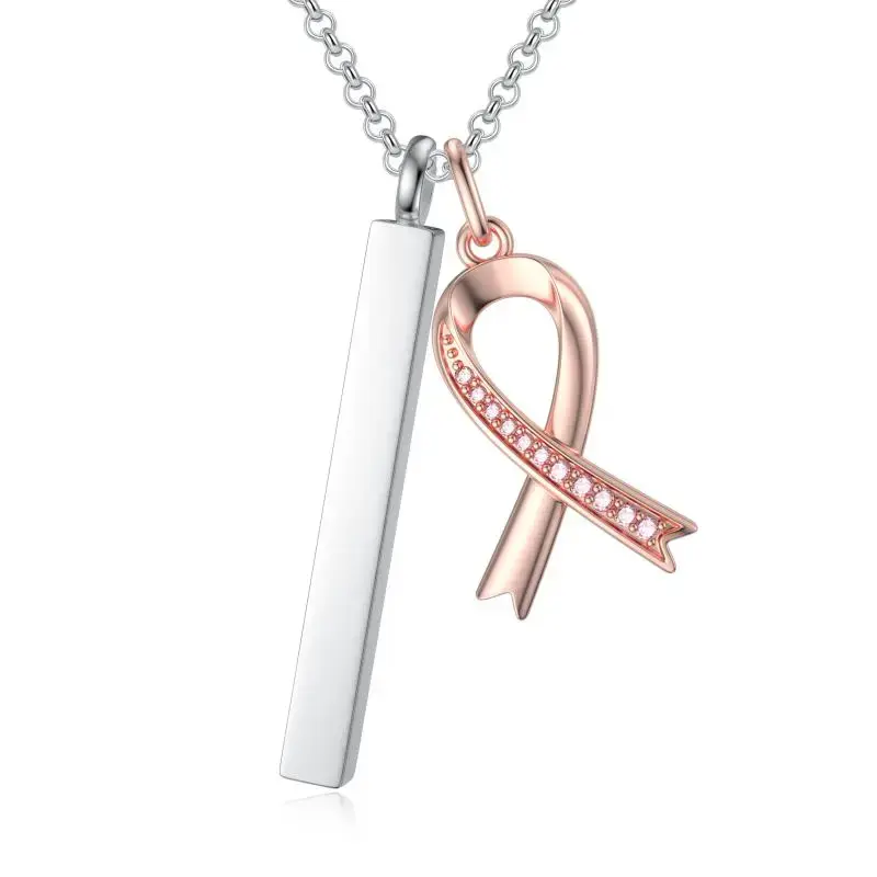 Sterling Silver Two-tone Round Zircon Bar & Ribbon Urn Necklace for Ashes