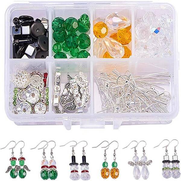 SUNNYCLUE 1 Set Crystal Christmas Bead Earring Making Kits DIY 6 Pairs White Snowman Red Angel Glass Bead Christmas Tree Dang...