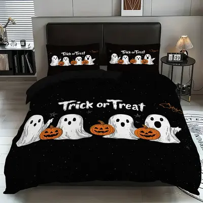 Halloween Bedding Set, Cute Ghost & Trick Design, Includes 1Duvet Cover & 2Pillowcases, Perfect for Bedroom Decor, Dorms, Hot...