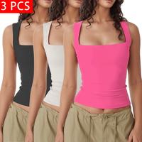 3 PCSWomen's Square Neck Sleeveless Double-Layer Tank Tops Basic Tight waist - length cropped style T Shirts springtok  sprin...