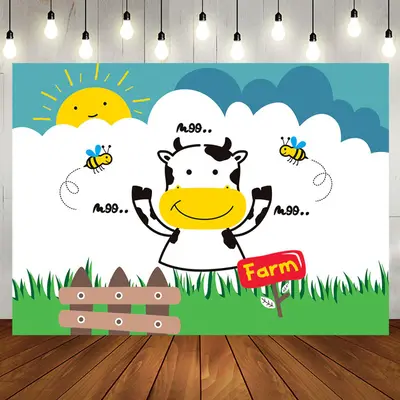 Moo Cow Bees Lence Grass Sun Farm Birthday Backdrop