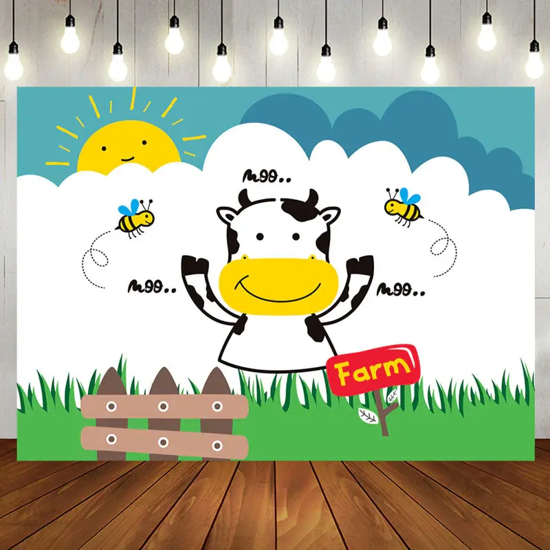 Moo Cow Bees Lence Grass Sun Farm Birthday Backdrop