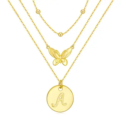 Sterling Silver With Gold Plated Butterfly Layered Necklace With Initial Letter A For Women