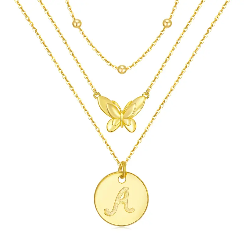 Sterling Silver With Gold Plated Butterfly Layered Necklace With Initial Letter A For Women