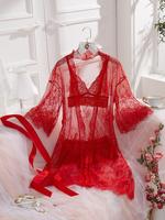 Women's Floral Lace Hollow Out Sexy Lingerie Set, Chic Sheer Robe & Scallop Trim Bra & Bow Front Panty, Comfy Breathable Sexy...