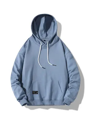 Men's Plain Long Sleeve Pocket Drawstring Essentials Hoodie, Casual Loose Patched Hooded Sweatshirt, 2000s Clothes, Men's To...