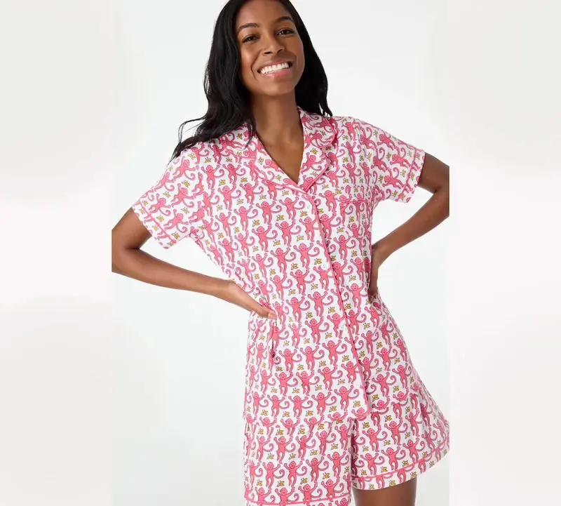 Womens Pajamas Set, 2PCS Button Down Vacation Monkey Beach Shorts Set Y2k Loungewear Pjs for Birthday Valentines Gift