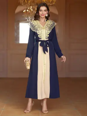 Arabic Clothing-Colorblock Contrast Lace Belted V Neck A Line Dress, Mid-EastĀ Long Sleeve Arabian Dress for Spring & Fall, W...
