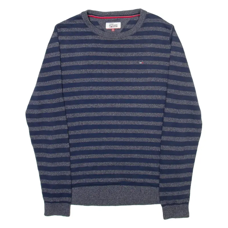TOMMY HILFIGER Mens Jumper Blue Striped Tight Knit S