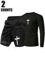 Two-Piece Set Men's Cross Print Short Sleeve Tee & Shorts Set, Regular Fit Casual Round Neck T-shirt & Track Shorts, Summer C...