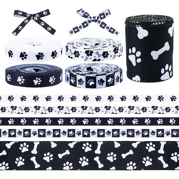 5 Rolls 5 Styles Polyester Paw Print Printed Grosgrain Ribbon