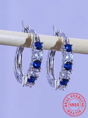 925 Sterling Silver Fashion Elegant Rhinestone Decorated Hoop Earrings, Women's Wedding/Engagement Earrings, Anniversary Part...