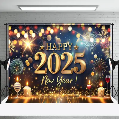 Candles Red Wine 2025 Happy New Year Party Backdrop - Aperturee