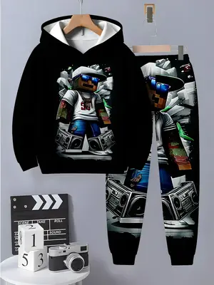 Boys' Fashion 3D Print Hoodie, Square Man Image, Casual Long Sleeve Pullover with Pocket, Elastic Polyester Blend, Fall & Win...