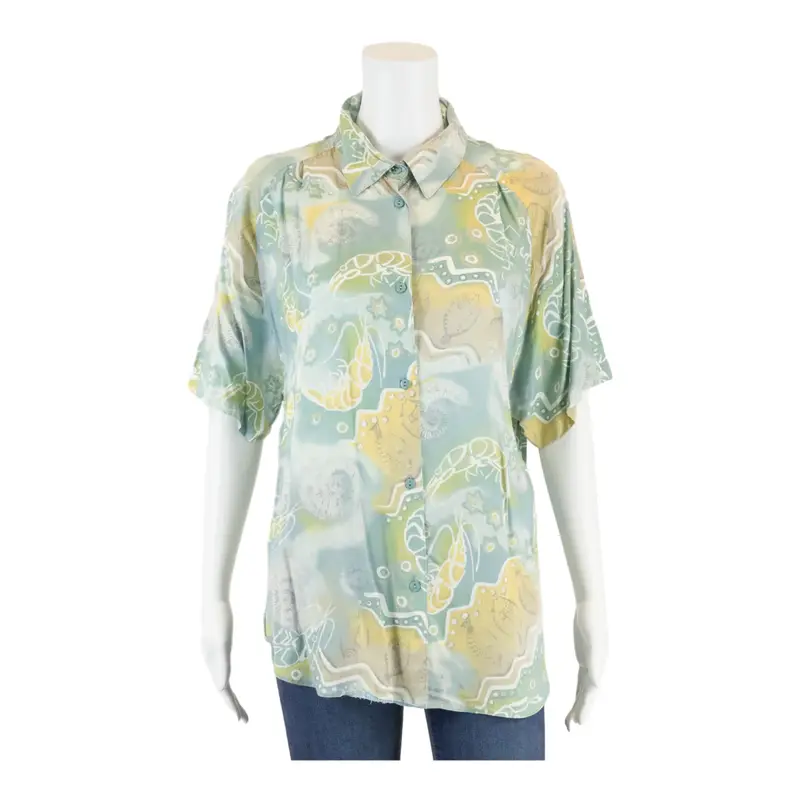 TODAY Beach Blue 90s Collared Viscose Crazy Pattern Button-Up Womens L