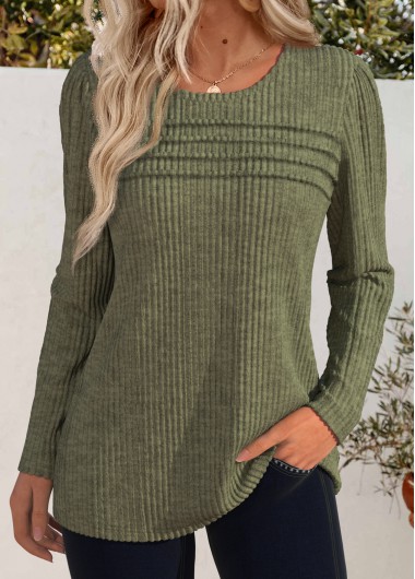 Modlily Olive Green Long Sleeve Round Neck T Shirt - XL