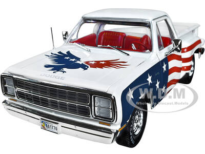 1980 Dodge D150 Adventurer Pickup Truck White with American Flag Graphics and Red Interior 1/18 Diecast Model Car by Auto Wor...