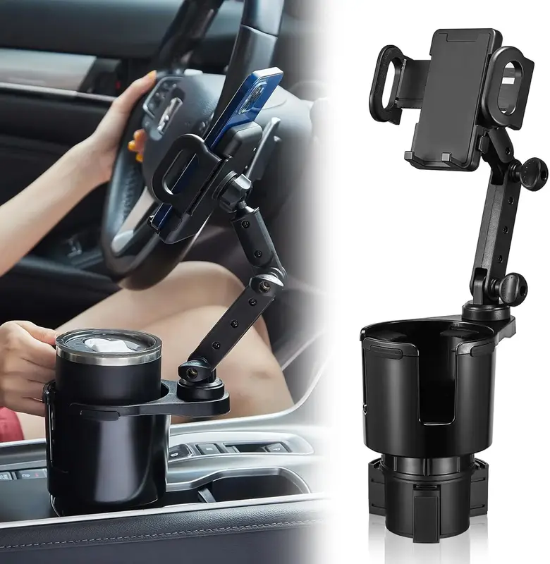 THIS HILL Cup Holder Expander for Car with Phone Mount, 2 in 1 Car Cup Holder Expander Adjustable Base, 360°Rotation, Cell P...