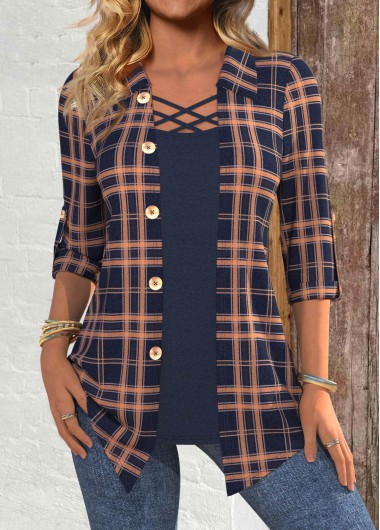 Modlily Navy Plaid 3/4 Sleeve Fake Two Piece Twinset - M