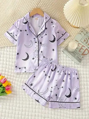 Girl's 2pcs Star Moon Print Lapel Shirt & Elastic Waist Shorts Pj Set, Button Front Short Sleeve Top & Contrast Binding Short...