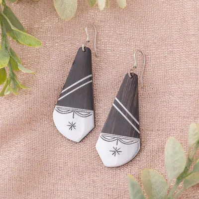 Tuareg Silver and Ebony Drop Earrings - Double Band