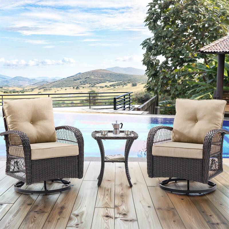 UDPATIO 3 Piece All-Weather Greenish Patio Furniture Set with Wicker Design, Rattan Rocking Chair, Glass Top Side Table