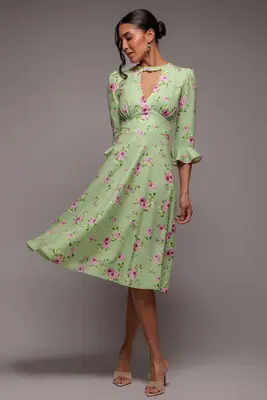 Goddiva Floral Printed Flared Sleeve Midi - Sage Green