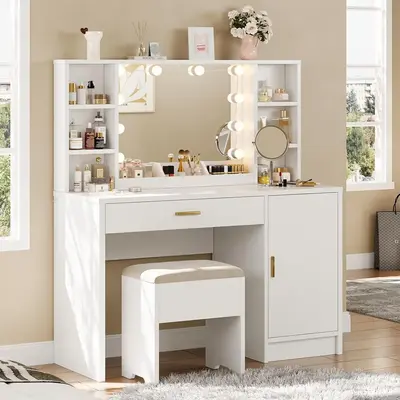 HOMBCK Vanity Desk with Mirror and Lights, 43'', Multiple Shelves & Large Cabinet, 3 Color Lighting Modes, Makeup Table with ...